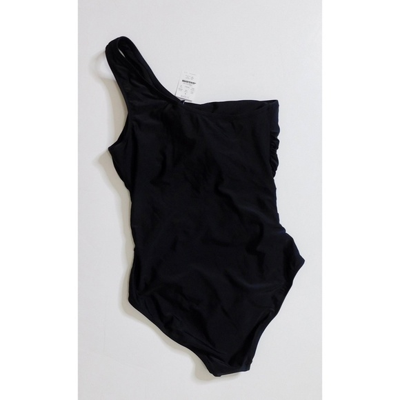 NWT!! J. CREW Factory One Shoulder Ruched Swimsuit One-Piece Solid Black Medium - Picture 8 of 16